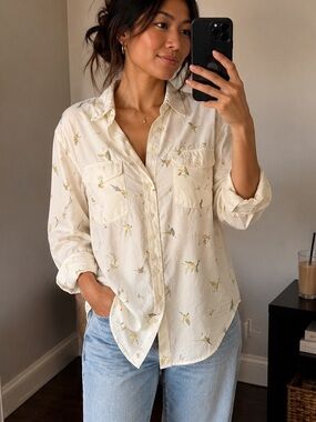 Eddie Bauer Cream Button-Up Shirt with Subtle Yellow & Blue Print